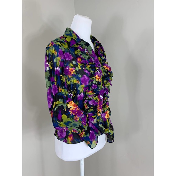 Vintage 90s Y2k Dark Floral Crinkle Blouse GlamRock Bold Peplum Indie Goth Punk - Picture 5 of 11